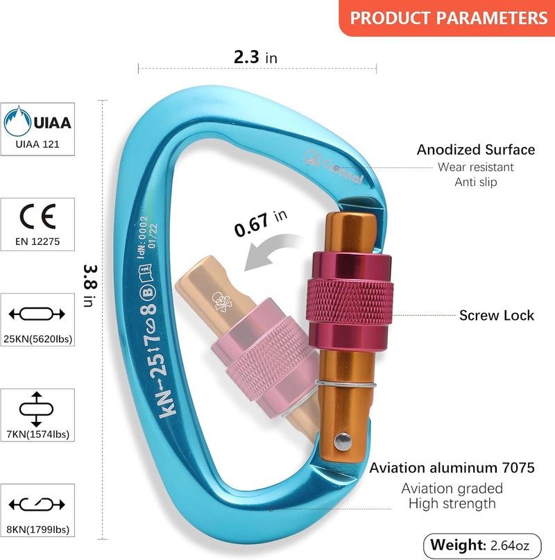 CAMNAL Heavy Duty Carabiner UIAA Certified Locking Carabiner 25KN (About 5620 lbs) Screw Lock Carabiner D Shape Carabiner Clip for Rock Climbing, Mountaineer, Aerial Work - Image 5